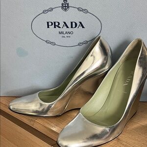 Prada Women's Metallic Silver Wedges